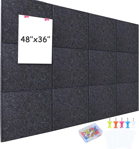 Cork Board 48 x 36, 12 Pack Bulletin Boards for Walls, Large Felt Wall Tiles with Pushpin, Noise Reduction Alternative Cork Board for Office Wall(Gray Black)
