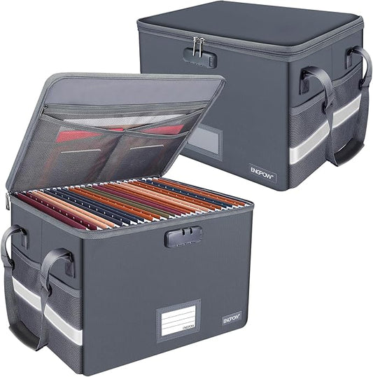 ENGPOW File Box with Lock,Fireproof Document Box with Pockets,Collapsible File Storage Organizer Box Filing Box with Handle,Portable Home Office Safe Box for Hanging Letter/Legal Folder,2 Pack(Gray)