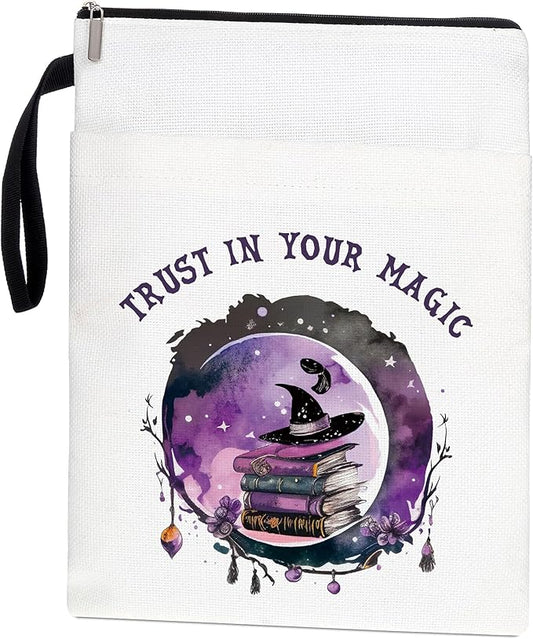 Book Covers for Paperbacks, Book Sleeve with Zipper, Book Lover Gifts,Washable Book Pouch with Pocket for Teen Adult, Just One More Chapter, 11 x 8.5 Inch - Boho - Trust in Your Magic.