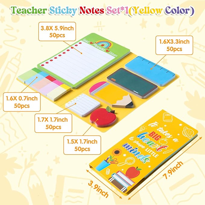 Teacher Themed Sticky Notes Set - Blackboard Pencil Apple Shape Self-Stick Note Pads Teacher Appreciation Gift Writing Memo Pads Page Marker Back to School Office Supplies, 550 Sheets (Yellow)