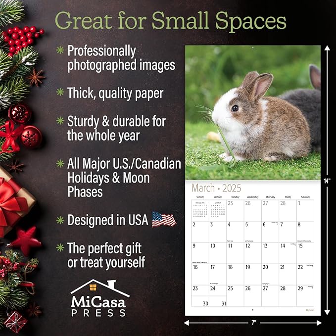 MICASA Bunnies Mini 2025 Wall Calendar 12 Month | 7" x 14" Open | Thick & Sturdy Paper | Giftable | Calendar 2025