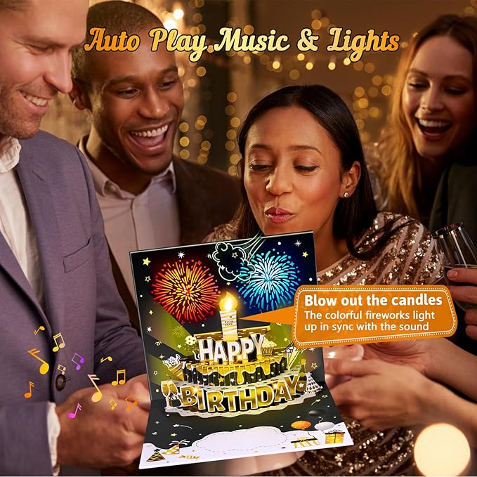 INPHER DIY Age Birthday Cards Fireworks Pop Up Cake Light and Music Black and Gold Happy Birthday Card Gift for Husband, Men, Women, Mom, Grandma