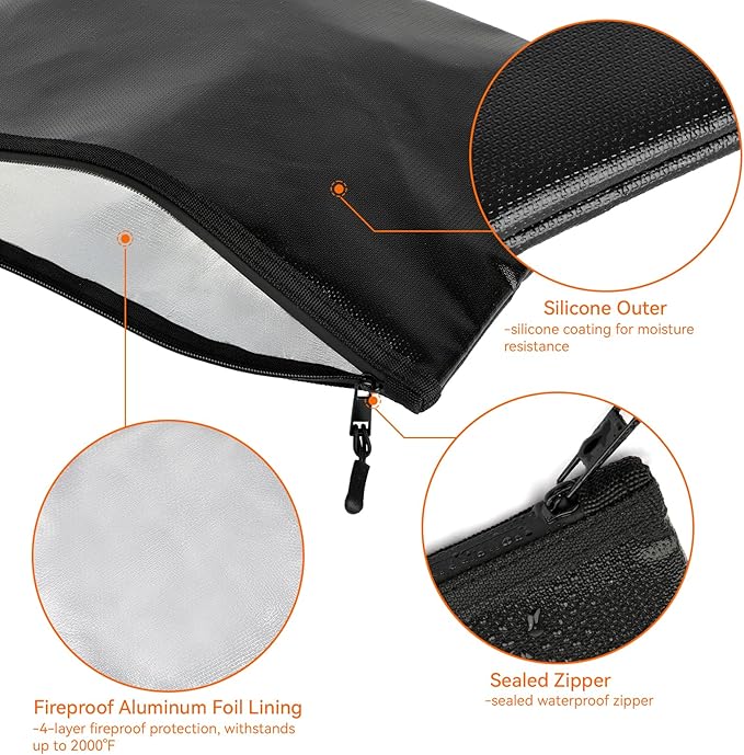 Fireproof Document Bag (10"x13.5" / 2000℉), Fireproof Waterproof Money Bag with Zipper, Premium Fiberglass, Fire Safe Storage for Documents, Passports, Cash, Valuables (Black)