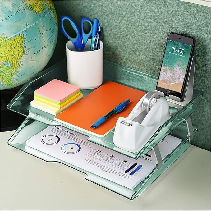 Acrimet 2 Tier Side Load Letter Tray Facility, Desktop File Organizer, A4 Letter Size Paper Organizer, Minimalist Storage Solution Paper Tray for Office, Home, Classroom (Plastic, Clear Green Color)