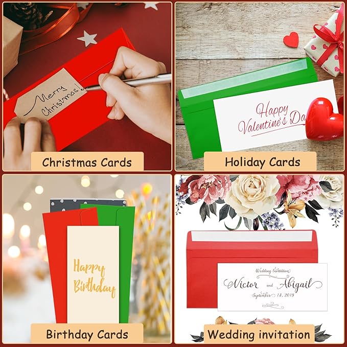 500 Pcs #10 Business Envelopes Adhesive Standard Envelopes Colored Envelopes for Office Check Invoices Letters Letterhead Invitations Announcements 4-1/8 x 9-1/2'' (Red, Green)