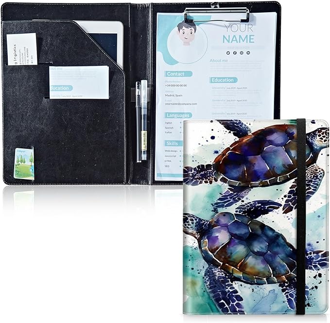 Padfolio Folder with Clipboard,Portfolios Organizer Clipboards with Storage Clipboard Writing Pad PU Leather Conference Document Organizer with Business Card Holder,Sea Turtle