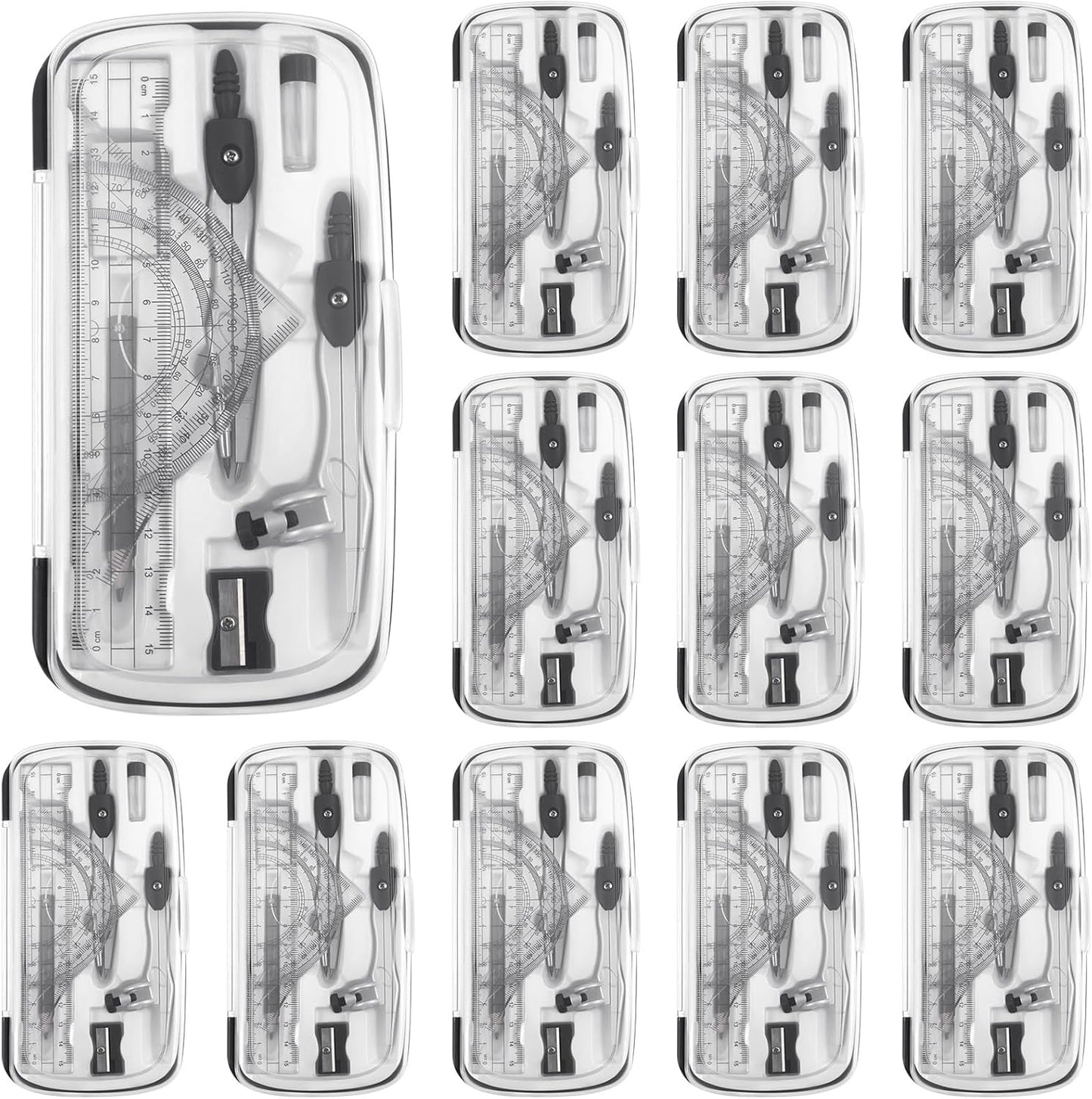 Teling 12 Sets Math Geometry Kit for Students 10 Pcs Compass Geometry Tools Set Includes Rulers Protractor Compass Eraser Pencil Sharpener Lead Refills Pencil (Black)