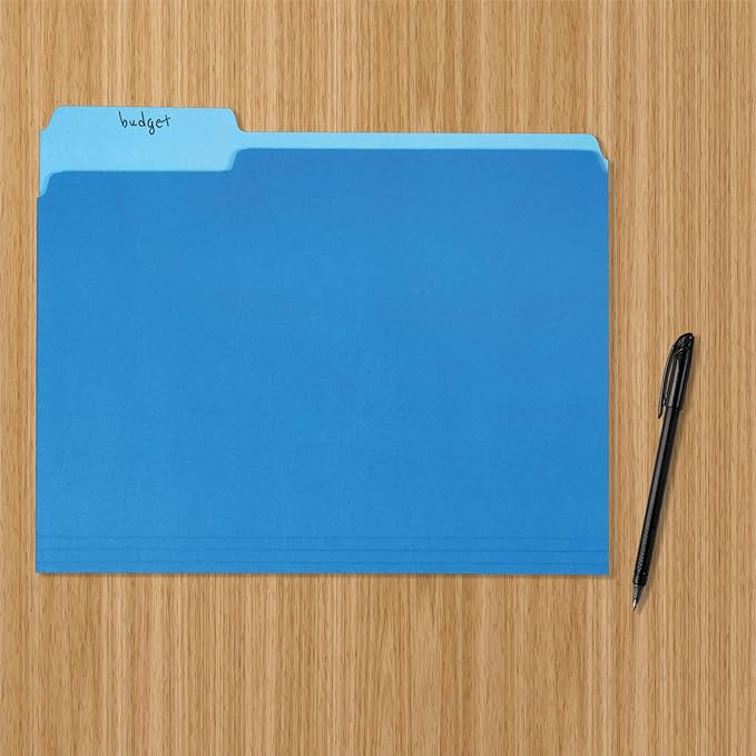Amazon Basics File Folders with Tabs for Organizing and Filing, Letter Size, 1/3 Cut Tab, 36-Pack, Blue