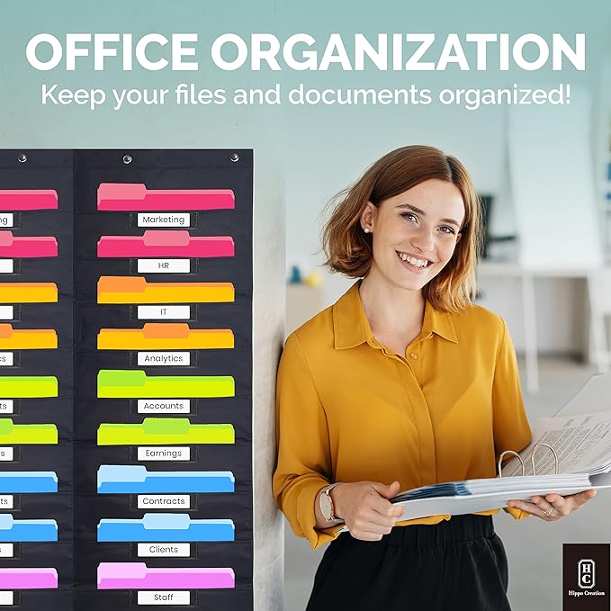 Hippo Creation Heavy Duty Storage Pocket Chart for Classroom, 20 Pocket Storage Organizer with 4 Over-Door Hangers, Hanging Wall Organizer for File Folders, School Mailbox, Home Office Papers - Black