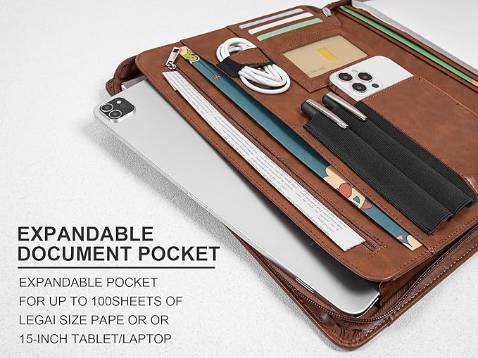 Personalized Leather Portfolio with Zipper, Professional Business Portfolio with A4/US letter Writing Pad holder for Resume, Interview, Leather Portfolio for Men and Women, Brown, Customized