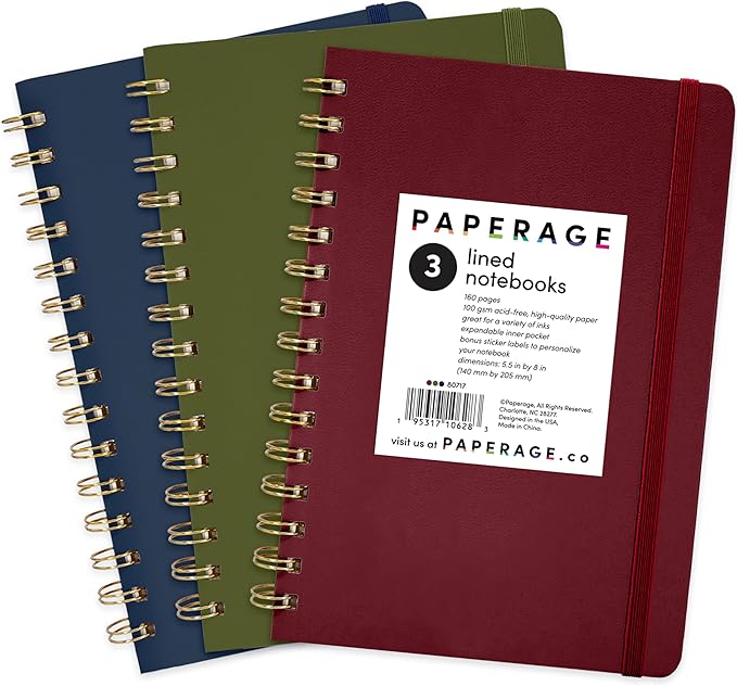 PAPERAGE Lined Spiral Journal Notebook, (Burgundy, Navy, Olive Green), 3 Pack, 160 Pages, Medium 5.5 inches x 8 inches - 100 GSM Thick Paper, Hardcover, Double-Wire Spiral Journal & Notebook