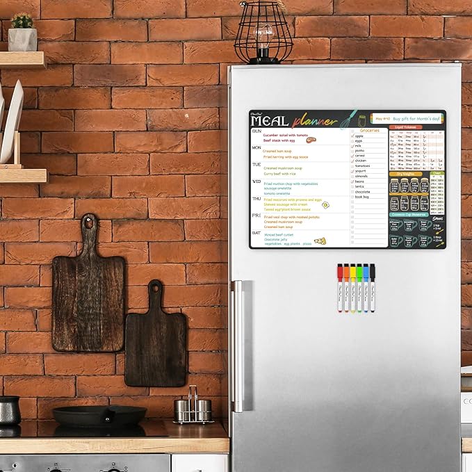 Magnetic Dry Erase Menu Board - 17"x12" Meal Planning Board for Fridge - 6 Extra Fine Point Markers Included - Shipped Flat