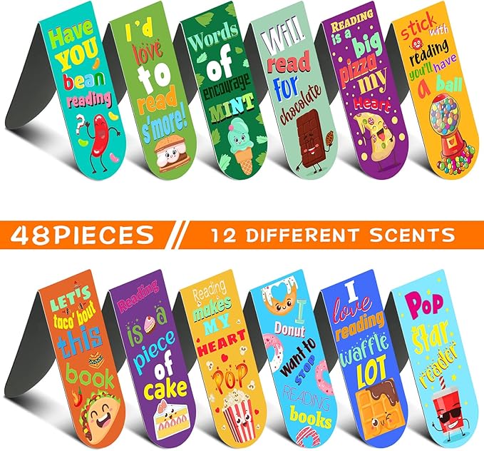 48 Pack Scented Bookmarks Magnetic Scratch and Sniff Bookmarks Fruit Food Bookmarks for Kids Cute Bookmarks with Sayings Christmas Bookmarks for Kids Students Teens Teachers (Food Flavor)