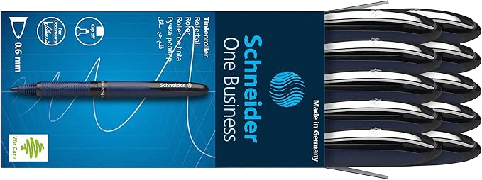 Schneider One Business Rollerball Pen, 0.6 mm Ultra-Smooth Tip, Blue Barrel, Black Ink, Box of 10 Pens (183001)