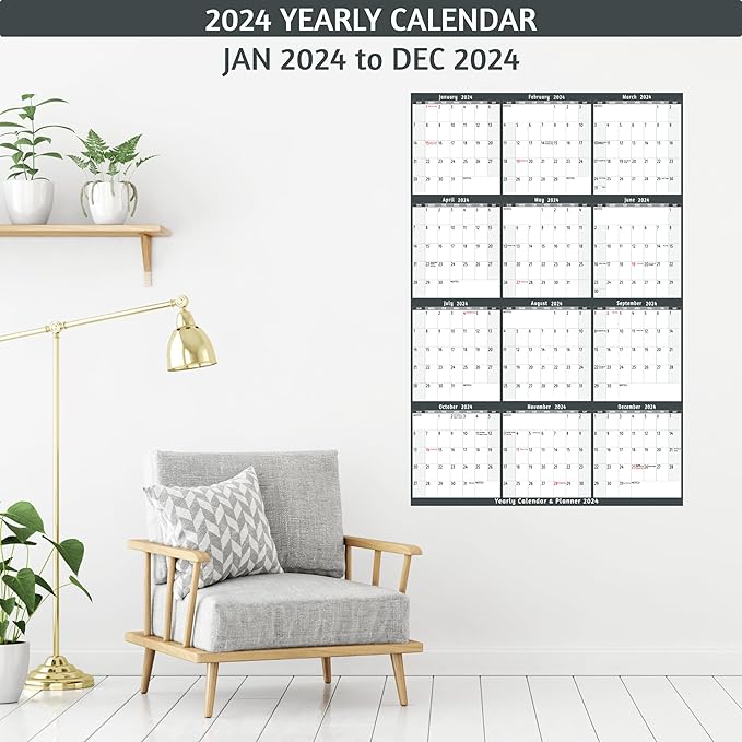 2024 Dry Erase Calendar – Large Yearly Wall calendar 2024, 38.2'' x 25.2'', 2-Side Reversible Calendar 2024, Vertical/Horizontal, Jan 2024 – Dec 2024, 2024 Wall Calendar with Notes, Stickers - Grey