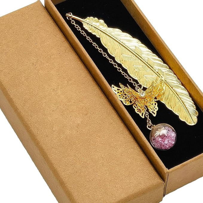 Metal Feather Butterfly Bookmark - Ideal Retirement, Birthday, and Teacher Gifts for Women, Readers, and Book Lovers (Golden.Pink White Flower)