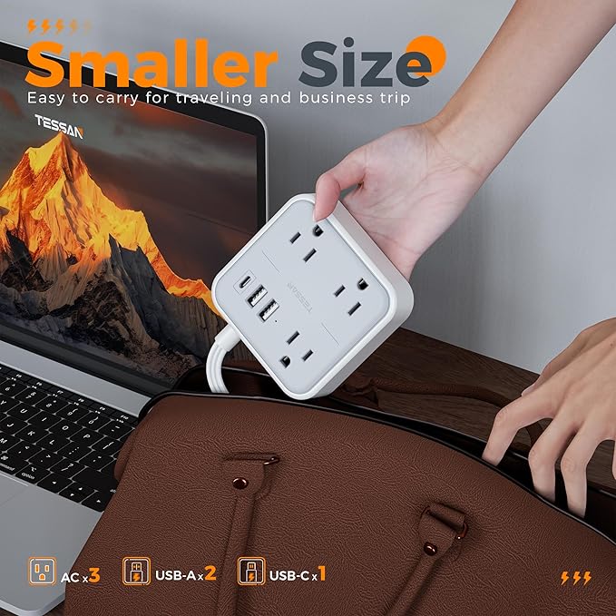Extension Cord Flat Long Power Strip 15 FT, TESSAN Surge Protector Power Strip with USB Ports (1 USB C), Flat Wall Outlet Extender with 3 Outlets for Home, Office, School, Dorm Room Essentials