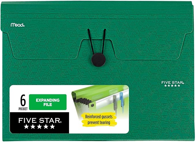 Five Star Expanding File Organizer, 6-Pocket Accordian File Organizer, Bungee Closure, Holds 11" x 8-1/2", Forest Green (350100D-ECM)