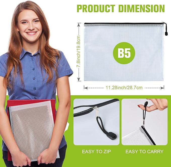 Mesh Zipper Pouch, 6PCS Waterproof Plastic Mesh ZipperBag, B5 Size Tear-Resistant Document Pouch, Extra Large Zip File Bags, for School Office Supplies Home Travel Storage(11.26×7.9 Inch)