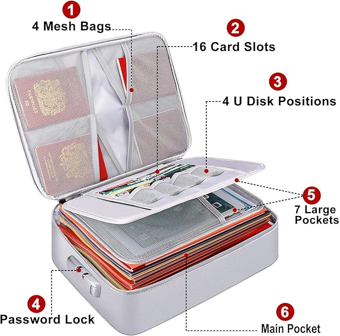 DocSafe Document Bag with Lock,Fireproof 3-Layer File Organizer Case with Water-Resistant Zipper,Document Storage Safe Bag Portable Travel Home for Paper,Files,Certificates,Gifts for Him,Silver
