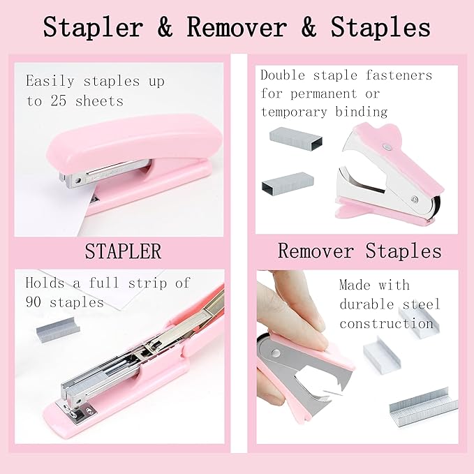 Pink Desk Accessories, Pink Office Supplies 360°Pen Holder Desk Organizers and Accessories with Tape Dispenser, Stapler, Staple Remover, 1000 Staples, Tape, Clips Set, Ruler, Scissor, Pen