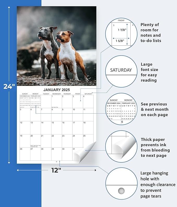 2025 Pit Bulls Monthly Hangable Wall Calendar | 12" x 24" | Thick Sturdy Paper | 2025 Dog Calendar
