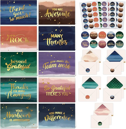 Decorably 50 Pack Gold Foiled 6x4in Employee Appreciation Cards with Envelopes and Stickers, 10 Designs Thank You Cards, Blank Inside