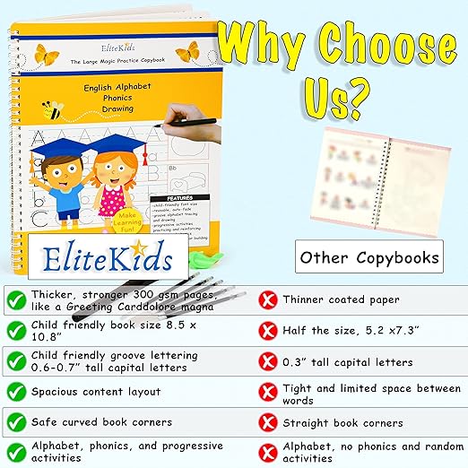 Teacher Designed Large Magic Practice Copybook for Kids. Groove Letter Tracing Alphabet Book, Phonics and Handwriting Book. Pre K and Kindergarten Workbook with Copy Book Magical Writing Pen.