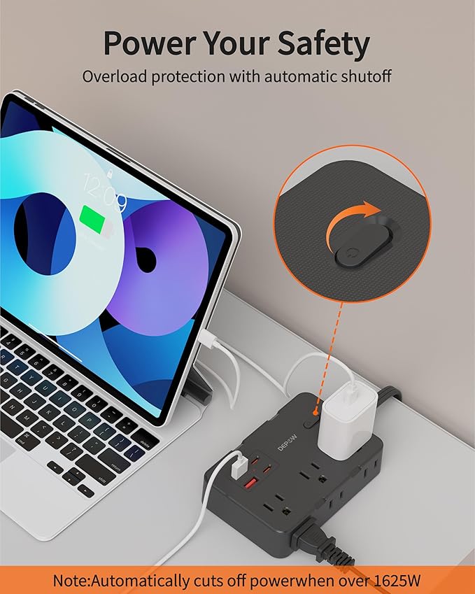 Surge Protector Power Strip, 5 FT Extension Cord with 6 AC Outlets 4 USB Ports,1050J Surge Protection, Wall Mountable Charging Station for Office, Home, Black