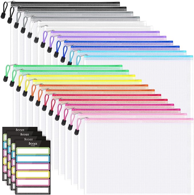 Sooez 24 Pack Mesh Zipper Pouch with Sticky Labels, A4 Size Mesh Bags for Board Game & Puzzles Organizing Storage, Durable Letter Size File Bags for Office Classroom Organization, 12 Assorted Colors