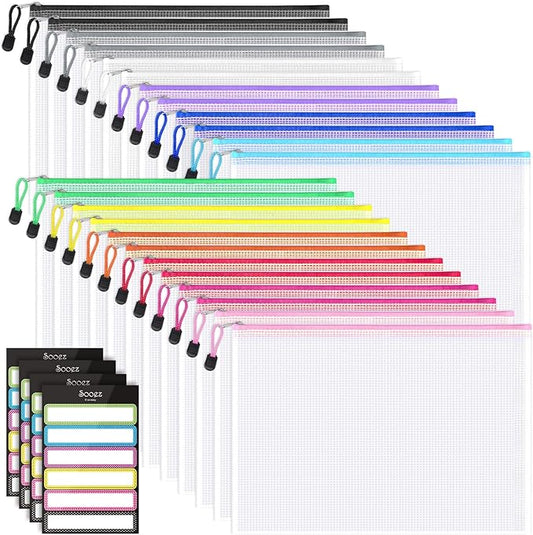 Sooez 24 Pack Mesh Zipper Pouch with Sticky Labels, A4 Size Mesh Bags for Board Game & Puzzles Organizing Storage, Durable Letter Size File Bags for Office Classroom Organization, 12 Assorted Colors