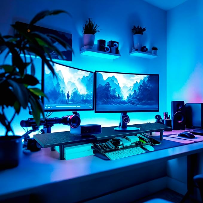 Dual-Computer-Monitor-Stand-Riser For Desk, Expandable Desk Shelf With Drawer For 2 Monitors, Desk Accessories & Workspace Organizers,TV Riser, Desktop Double Laptop Riser With Storage