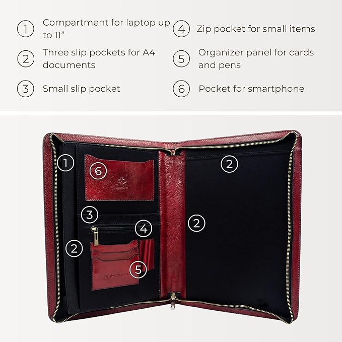 Time Resistance Leather Portfolio - A4 Document Folder - Padfolio - Italian Handcrafted Organizer Folio - Gift Box Included