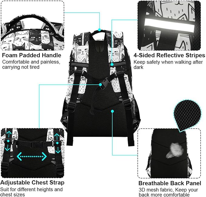 MNSRUU Laptop Backpack with Chest Strap, Black Cat School Backpack, Travel Hiking Backpack for Boys Girls Teen Adult, Rucksack, Knapsack