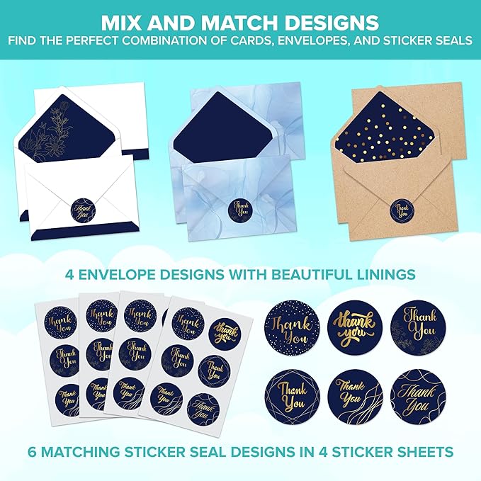 Decorably 24 Pack Gold-Foiled 6x4in Blue and Gold Thank You Cards with Envelopes and Stickers, 24 Stylish Designs Navy Thank You Cards, Blank Inside - Birthday, Wedding, Anniversary