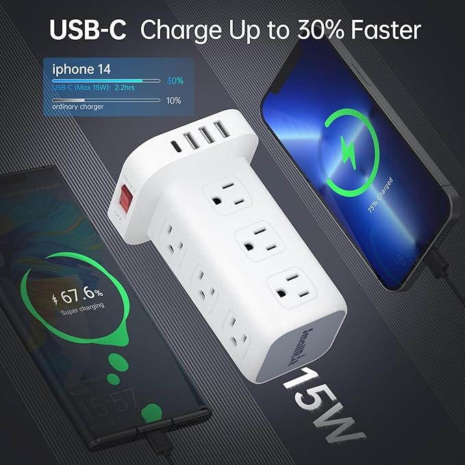 SMALLRT Power Strip Tower Surge Protector with USB 12 Outlets 4 Ports (1 C), Flat Plug 10FT Extension Cord Multi Outlet Extender Overload Protection for Home Office zyc06