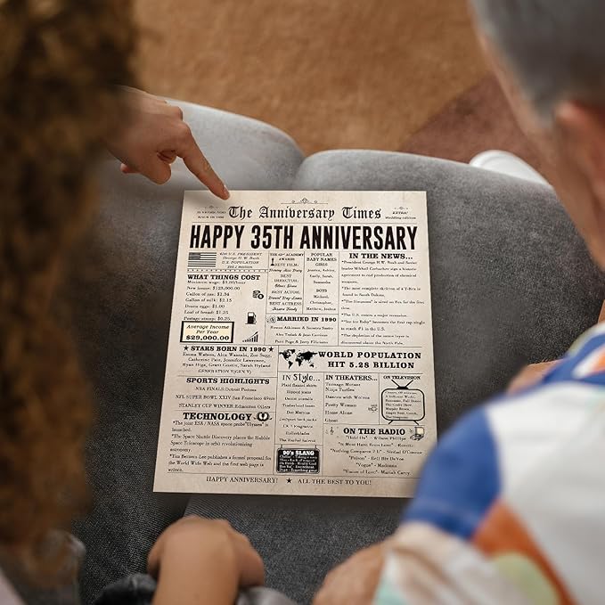 Big 35th Anniversary Card for Him Her, Retro 35 Year Anniversary Card Gift for Wife Husband Couple, Vintage Coral Wedding Gifts for Couples Parents