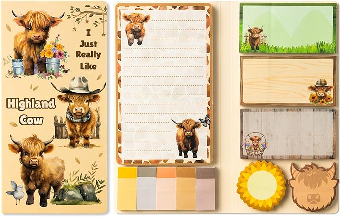 B1ykin Sticky Notes Set - Cartoon Theme Cute Self-Stick Notes Pad Teacher Appreciation Gifts， Self-Adhesive Writing Memo Pages Sticky to Do Notepad for Kids Employee School Office (Highland Cow)