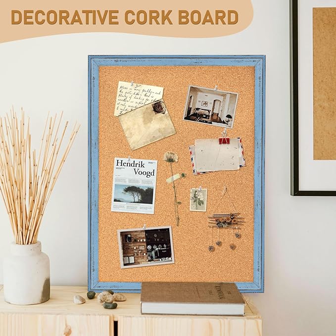 DOLLAR BOSS Cork Boards for Walls, 24 X 18 Inches Bulletin Board Decorative Hanging Pin Board Rustic Wooden Frame Vision Board Notice Board for Office Home Decor, Blue