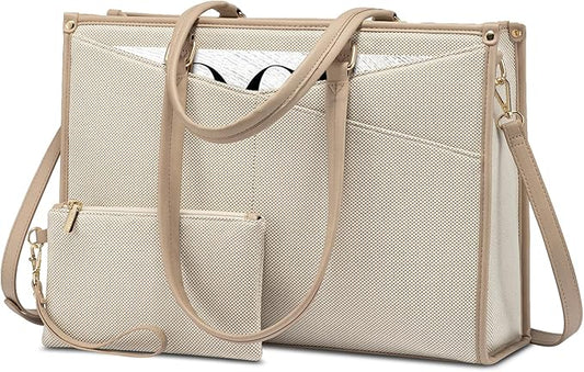 LOVEVOOK Laptop Bag for Women, 15.6 inch Laptop Tote Work Teacher Bags Cancas Computer Shoulder Bag,Canvas/Apricot Beige