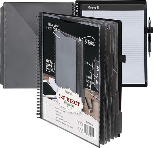 Samsill 10 Pocket Poly Organizer with 5 Dividers, File Folders Letter Size, Refillable Notepad, Customizable Front Cover, Erasable Write-On Tabs, Pen Loop, Plastic Folders with Pockets, Gray