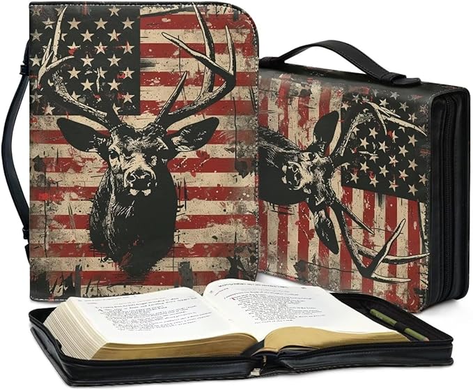 Lotusorchid American Flag Deer Printed Bible Bags, Faux Leather Bible Covers with Handle Pockets for Women, Portable Sturdy Bible Bag for Girls Ages 8-12, Christian Bible Study Accessories