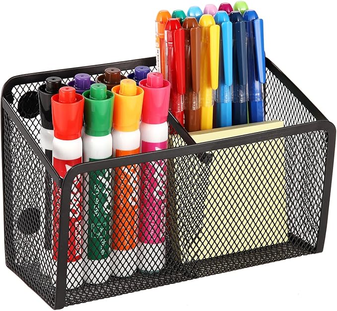 Magnetic Pencil Holder - Extra Strong Magnets Mesh Marker Holder Perfect for Whiteboard, Refrigerator and Locker Accessories (2 Baskets, 1 Pack Black)