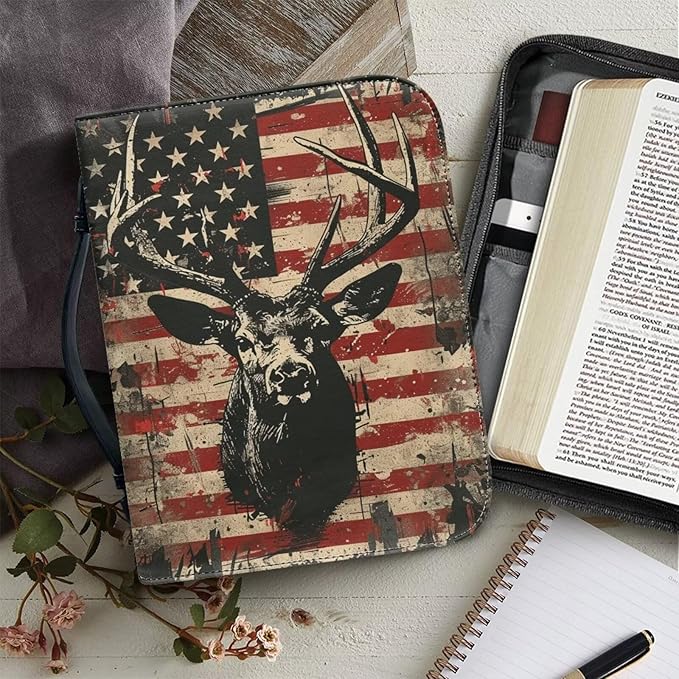 Lotusorchid American Flag Deer Printed Bible Bags, Faux Leather Bible Covers with Handle Pockets for Women, Portable Sturdy Bible Bag for Girls Ages 8-12, Christian Bible Study Accessories