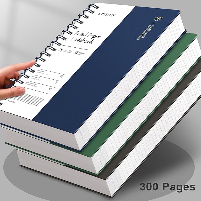 EMSHOI B5 Spiral Notebook College Ruled Lined Journal, Large 7.48" X 10.15", 300 Pages/150 Sheets, 100gsm Thick Paper, Waterproof Hardcover, for Office School Women Men Work Writing Notes, Blue
