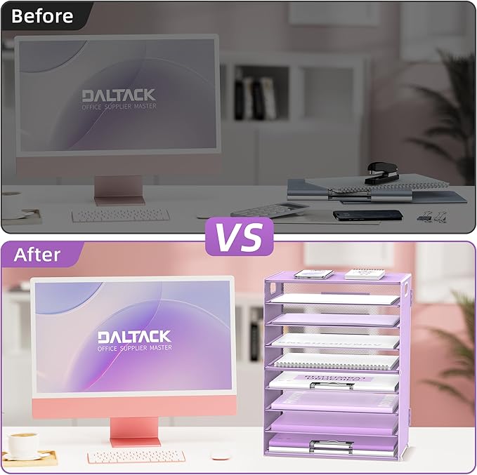 DALTACK 9-Tier Paper Letter Tray Desk Organizer with Handles, Mesh File Holder Organization, Paper Sorter Desk Organizer for Office Home School, Purple 2 Pack