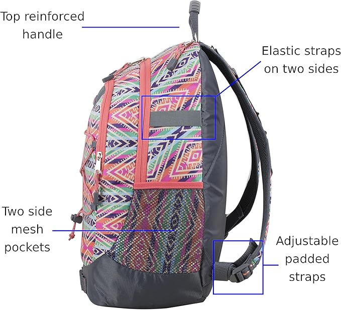 FUEL Hiking Backpack for Women Men Terra Sport, Travel, College, Gym, Work with Laptop Sleeve, Bungee, 18 Inches, Sweet Orange Aztec