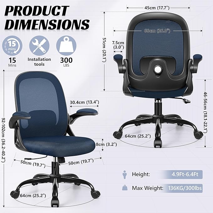 Office Chair Ergonomic Desk Chair with Adjustable 3D Lumbar Support and Height, Comfy Mesh Computer Chair with Flip-up Armrests, Swivel Rolling Task Chair with Wheels for Home Office (Navy)