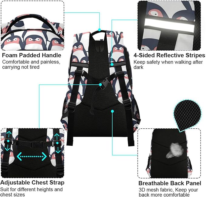 MNSRUU Laptop Backpack with Chest Strap, Cute Penguin School Backpack, Travel Hiking Backpack for Boys Girls Teen Adult, Rucksack, Knapsack