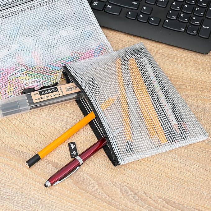 AUSTARK 20 Pcs Zipper File Bags, Plastic Mesh Pouch, Board Game Storage, Waterproof Bags for Office School (B6 Size 7.6''x5.3'', White and Black)